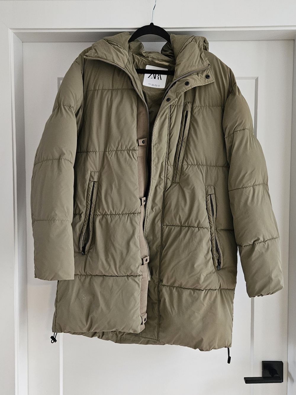 ZARA Men's Olive Green Puffer Coat with Hood Sz Medium Oversized